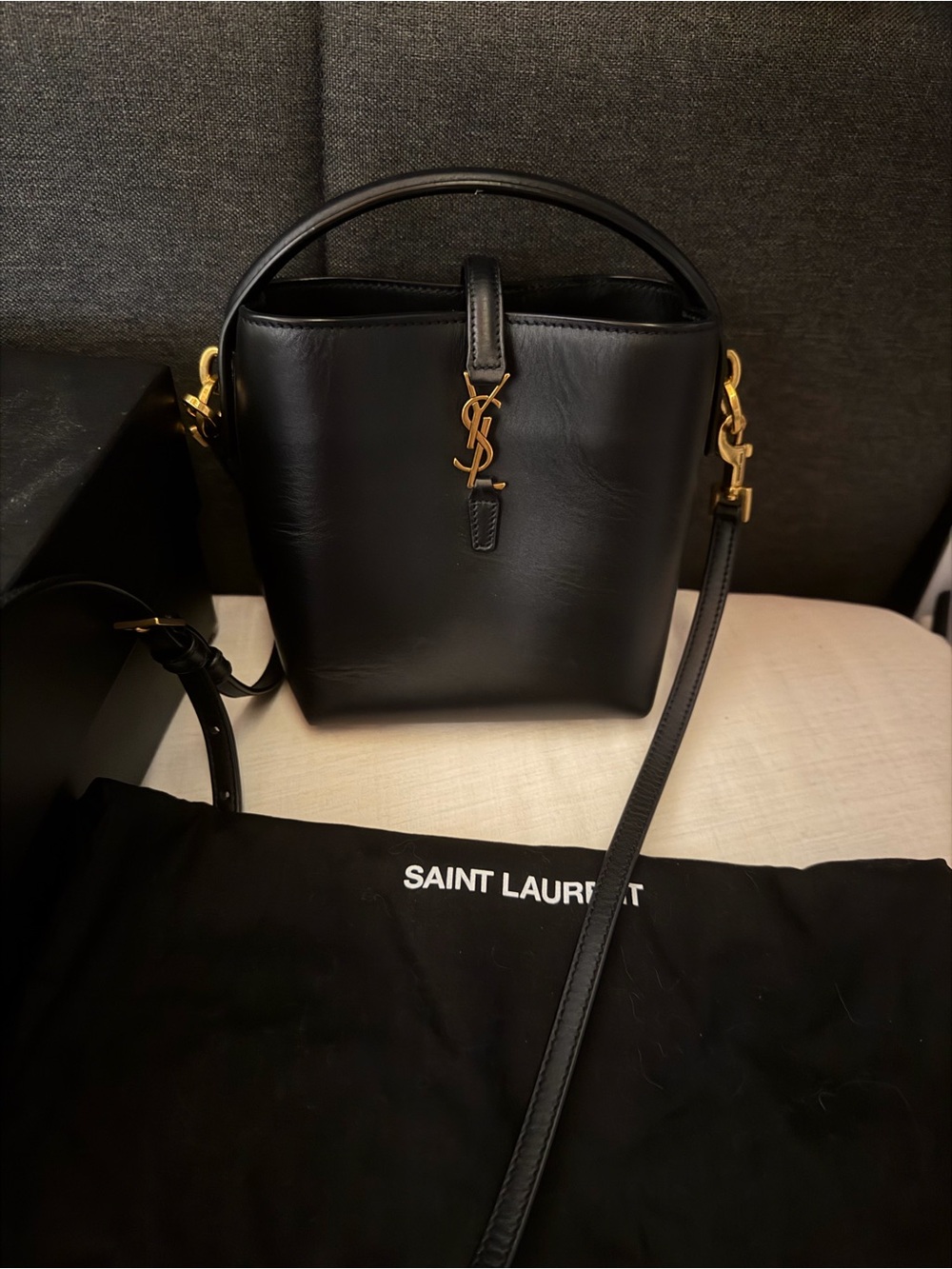 Saint Laurent Black Leather Bucket Crossbody with Gold YSL Hardware - Picture 2 of 7